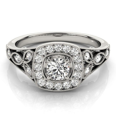 White gold Round Halo Vintage-Inspired Split Shank Ring with Milgrain Detailing