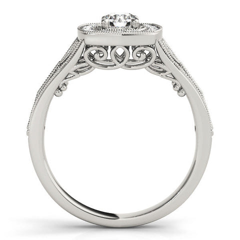 Platinum Round Halo Vintage-Inspired Split Shank Ring with Milgrain Detailing