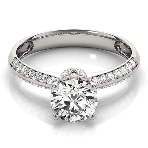 Platinum Round Solitaire Split Shank Pave Diamond Engagement Ring with Four-Prong Setting