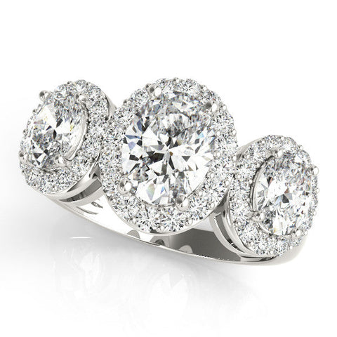 Platinum Three-Stone Oval Halo Diamond Ring with Pave Band and Four-Prong Setting