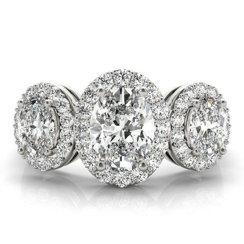 Platinum Three-Stone Oval Halo Diamond Ring with Pave Band and Four-Prong Setting