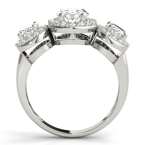 White gold Three-Stone Oval Halo Diamond Ring with Pave Band and Four-Prong Setting
