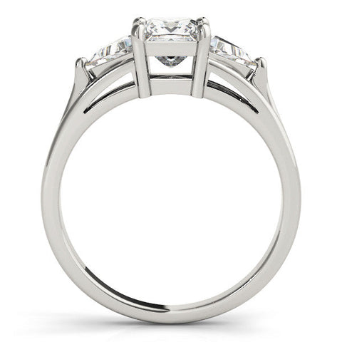White gold Three-Stone Princess Cut Diamond Ring with Trillion Side Stones on a Split Shank Band