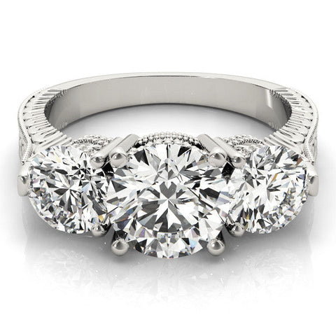 White gold Three-Stone Round Cut Milgrain Band Prong Setting Ring