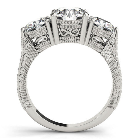 White gold Three-Stone Round Cut Milgrain Band Prong Setting Ring