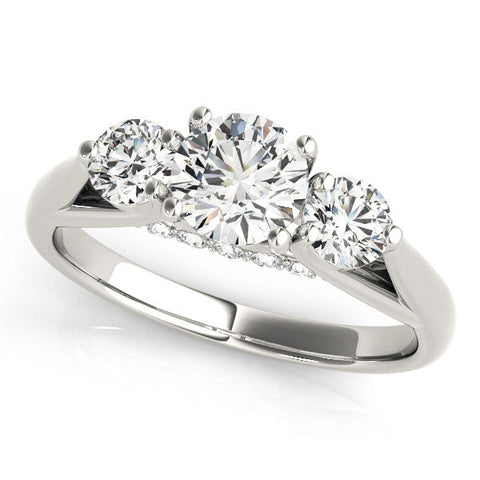 Platinum Three-Stone Round Diamond Engagement Ring with Pavé Band and Prong Setting
