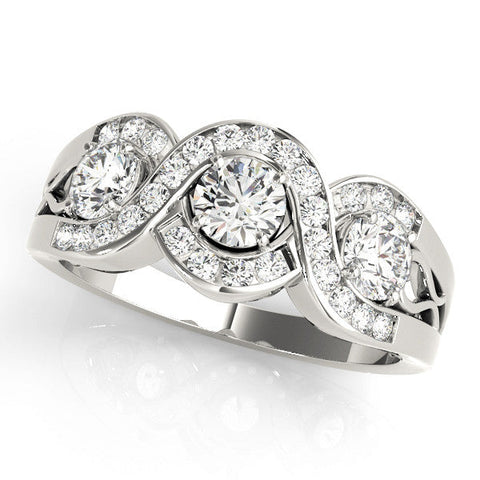 Platinum Three-Stone Round Diamond Wave Pave Band with Prong Setting