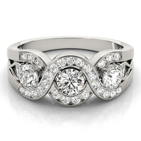 White gold Three-Stone Round Diamond Wave Pave Band with Prong Setting