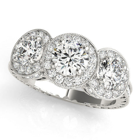 White gold Three-Stone Round Halo Diamond Milgrain Band with Four-Prong Setting