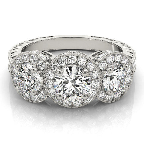 White gold Three-Stone Round Halo Diamond Milgrain Band with Four-Prong Setting