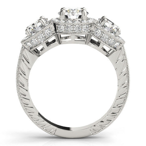 Platinum Three-Stone Round Halo Diamond Milgrain Band with Four-Prong Setting