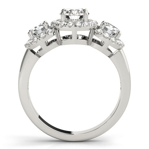 Platinum Three-Stone Round Halo Diamond Ring with Pavé Band and Four-Prong Setting
