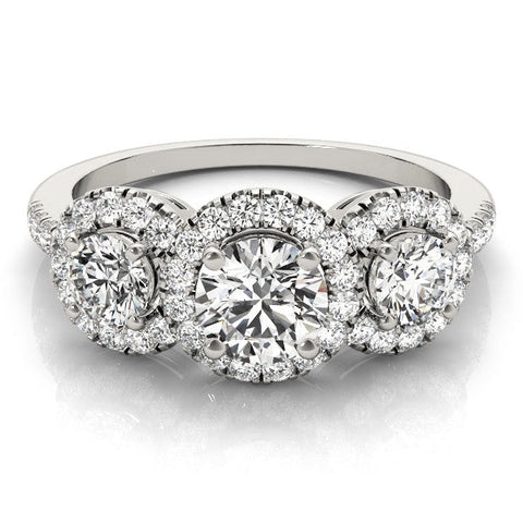 White gold Three-Stone Round Halo Diamond Ring with Pave Band and Prong Setting