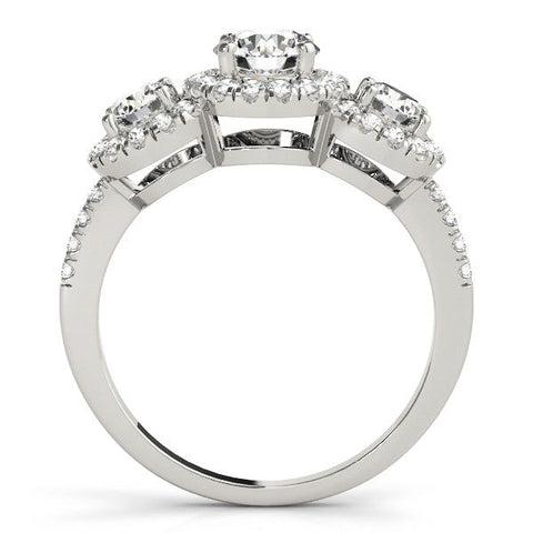 White gold Three-Stone Round Halo Diamond Ring with Pave Band and Prong Setting