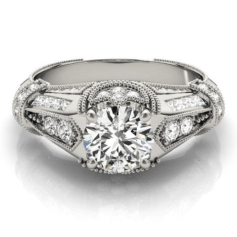 White gold Vintage Milgrain Round Diamond Split Shank Ring with Prong Setting