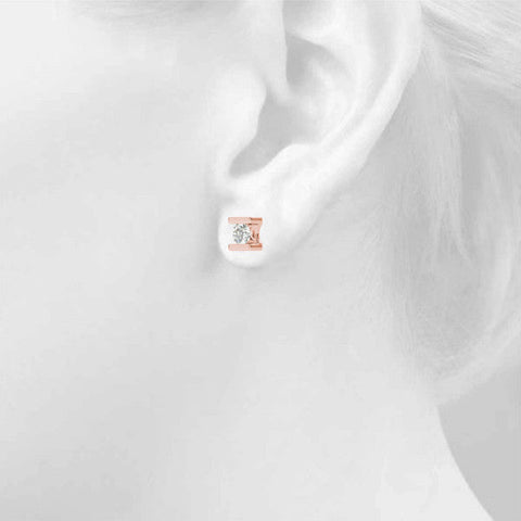 Rose gold Bar Set Round Diamond Stud Earrings in White Gold