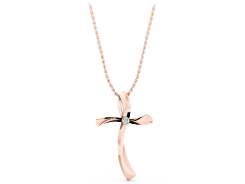 Rose gold Curved Cross Pendant with Round Diamond in Bezel Setting