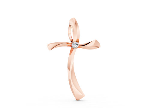 Rose gold Curved Cross Pendant with Round Diamond in Bezel Setting