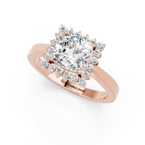 Rose gold Cushion Cut Diamond Pavé Band Solitaire Ring with Four-Prong Setting
