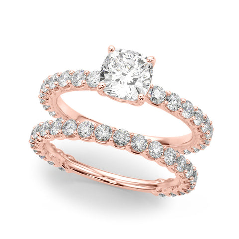 Rose gold Cushion Cut Diamond Pavé Band Solitaire with Four-Prong Setting