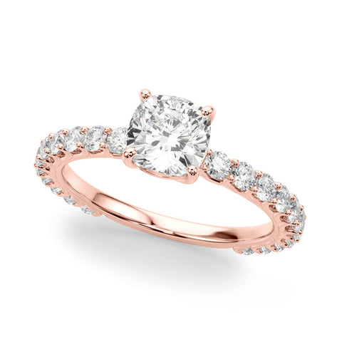 Rose gold Cushion Cut Diamond Pavé Band Solitaire with Four-Prong Setting