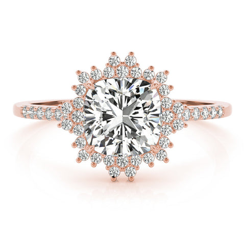 Rose gold Cushion Cut Halo Diamond Ring with Pave Band and Four-Prong Setting