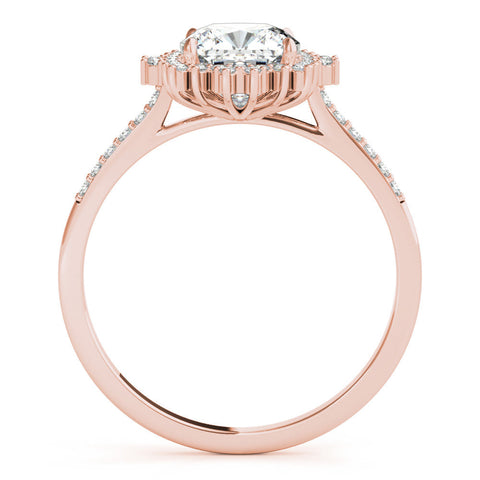 Rose gold Cushion Cut Halo Diamond Ring with Pave Band and Four-Prong Setting