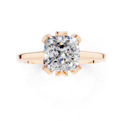 Rose gold Cushion Cut Solitaire Diamond Ring with Flower-Prong Setting and Classic Band