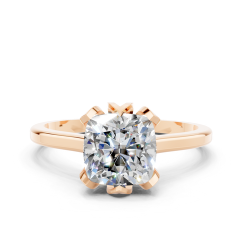 Rose gold Cushion Cut Solitaire Diamond Ring with Flower-Prong Setting and Classic Band