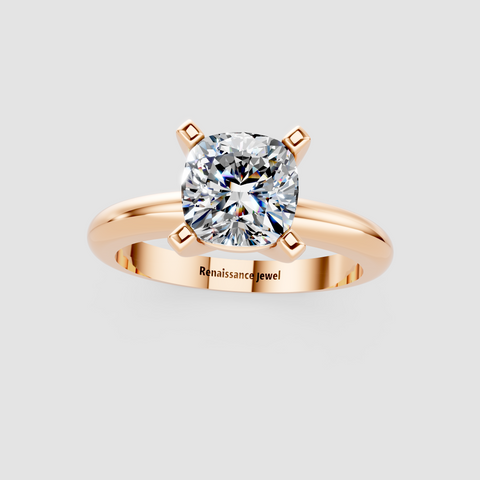 Rose gold Cushion Cut Solitaire Engagement Ring with Round Band and Four-Prong Setting