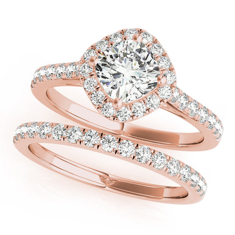 Rose gold Cushion Halo Diamond Engagement Ring with Pave Band and Four-Prong Setting