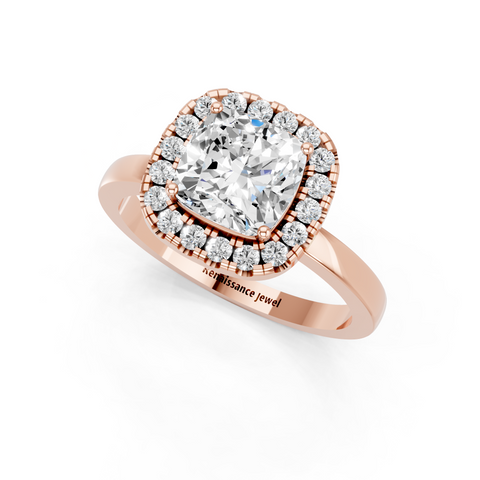 Rose gold Cushion Halo Diamond Solitaire with Pavé Band and Four-Prong Setting