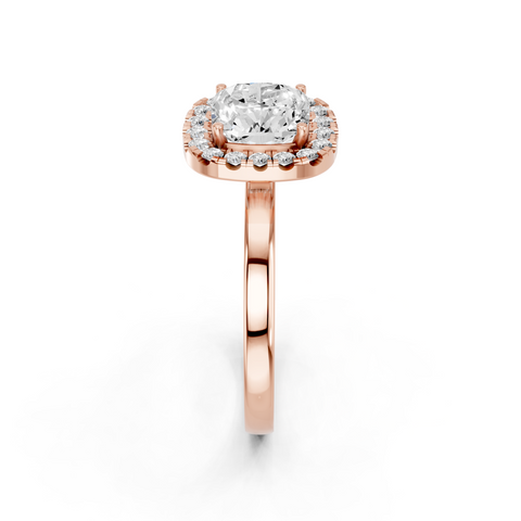 Rose gold Cushion Halo Diamond Solitaire with Pavé Band and Four-Prong Setting