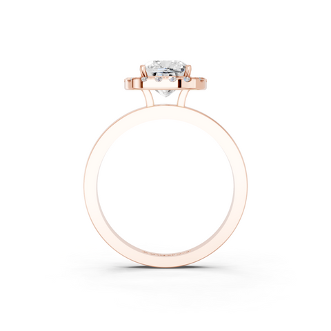 Rose gold Cushion Halo Diamond Solitaire with Pavé Band and Four-Prong Setting