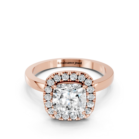 Rose gold Cushion Halo Diamond Solitaire with Pavé Band and Four-Prong Setting