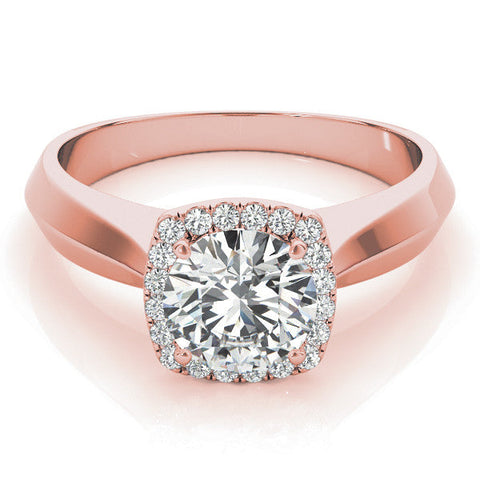 Rose gold Cushion Halo Round Brilliant Solitaire Ring with Tapered Band and Four-Prong Setting