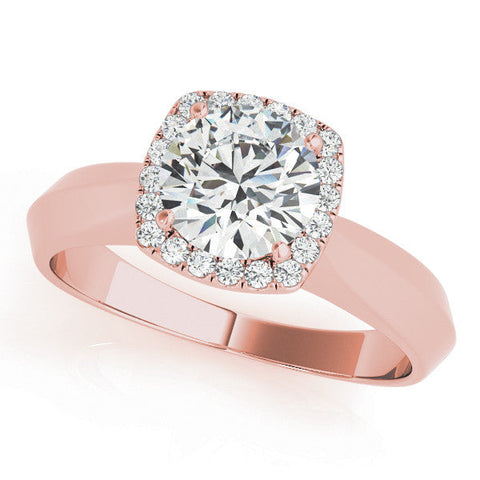 Rose gold Cushion Halo Round Brilliant Solitaire Ring with Tapered Band and Four-Prong Setting