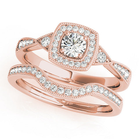 Rose gold Cushion Halo Round Diamond Milgrain Pave Engagement Ring