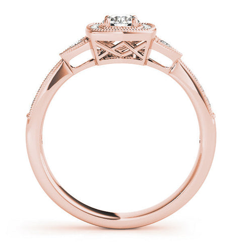 Rose gold Cushion Halo Round Diamond Milgrain Pave Engagement Ring