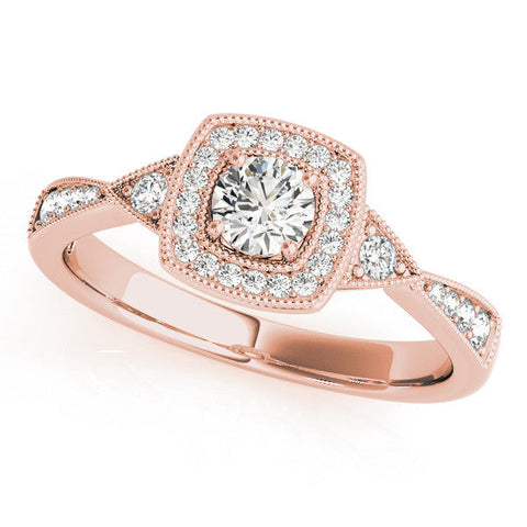 Rose gold Cushion Halo Round Diamond Milgrain Pave Engagement Ring