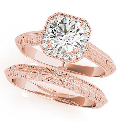 Rose gold Cushion Halo Round Solitaire Milgrain Engagement Ring