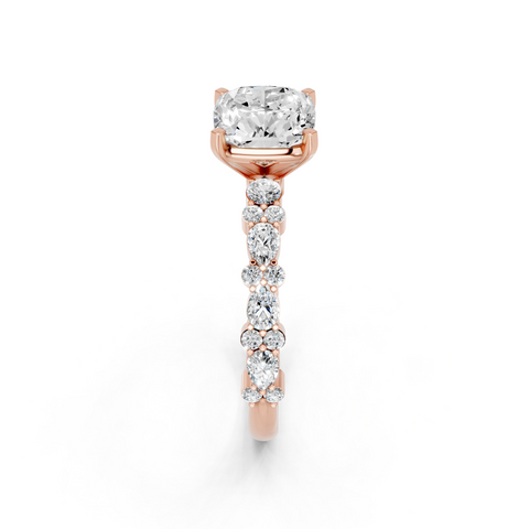Rose gold Cushion Solitaire with Side Stones, Pave Band, Four-Prong Setting
