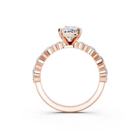 Rose gold Cushion Solitaire with Side Stones, Pave Band, Four-Prong Setting