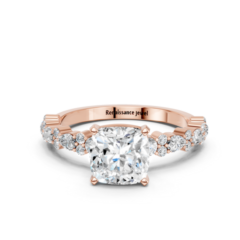 Rose gold Cushion Solitaire with Side Stones, Pave Band, Four-Prong Setting