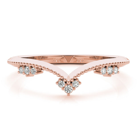 Rose gold Diamond Chevron Milgrain Band with Round Cut Stones and Prong Setting