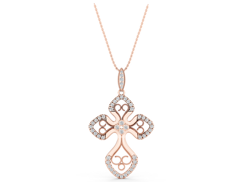 Rose gold Diamond Pavé Round Milgrain Cross Pendant