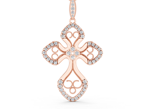 Rose gold Diamond Pavé Round Milgrain Cross Pendant