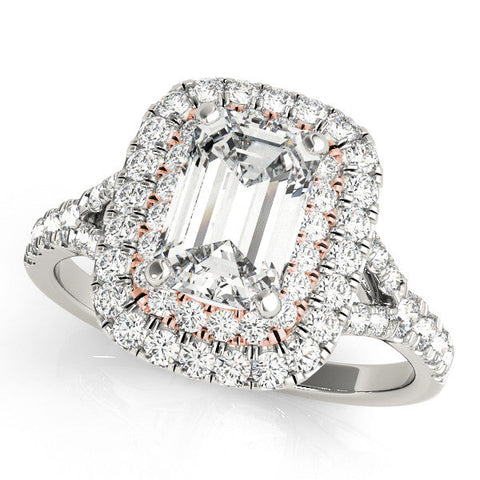 Rose gold Double Halo Radiant Cut Diamond Split Shank Ring with Four Prong Setting