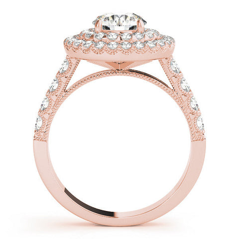 Rose gold Double Halo Round Diamond Pave Band Four-Prong Ring