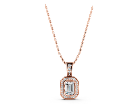 Rose gold Emerald Cut Halo Diamond Pendant with Pavé Setting